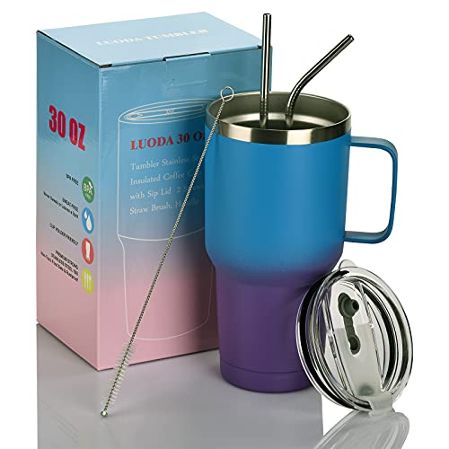 Luoda 30 Oz Mug Tumbler - Stainless Steel Double Wall Vacuum Insulated Travel Mug With Handle,Lid And 2 Straw,Keep Drinks Cold/Hot,Sweat Proof Body (Dream Blue) #TOP6