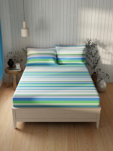 Image of KOPA Extra Smooth Cotton Double Bedsheet with 2 Pillow Covers -3pc Set (Lopez) | Extra Smooth Cotton | 1 Double Bedsheet with 2 King Size Pillow Covers Stripe-Green /Multi