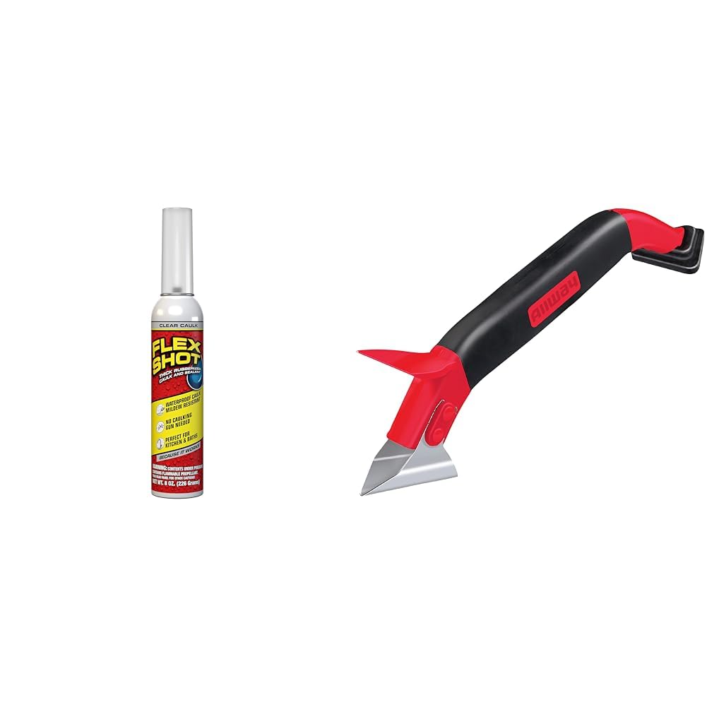 Flex Shot Rubber Adhesive Sealant Caulk 8oz Clear Bundle with ALLWAY CT31 3-in-1 Caulk Tool
