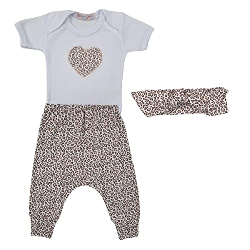 Conjunto Roupa Bebê Menina Body Coração e Calça Mijão Culote Oncinha + Faixa Infantil Cor:Branco;Tam
