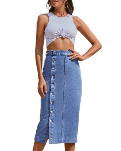 Womens High Waisted Washed Button Front Denim Long Skirt Midi Length A Line Denim Jean Pencil Skirt2