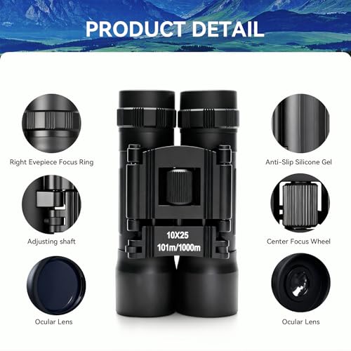 Image of 10x25 Compact Binoculars for Kids Adults, 101 to 1000m Vision Easy Focus Telescope Only 164g Waterproof FMC Multilayer Small Binoculars Toy for Bird Watching Outdoor Travel Sports with Neck String