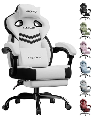 LUCKRACER Gaming Stuhl Stoff, Bürostuhl mit verbundenen Armlehnen, Memory-Schaum-Kissen, 90–155° Neigungswinkel und Fußstütze, strapazierfähigem Funktionsgewebe, Weiß