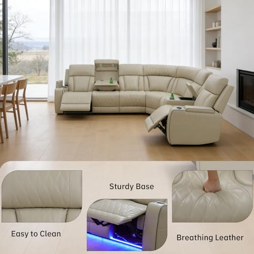 Image of Power Reclining Sectional Sofa for Living Room - Reclining Couch with Console, Cup Holders, USB Ports and LED Lights, L-Shaped Home Theater Seating Set