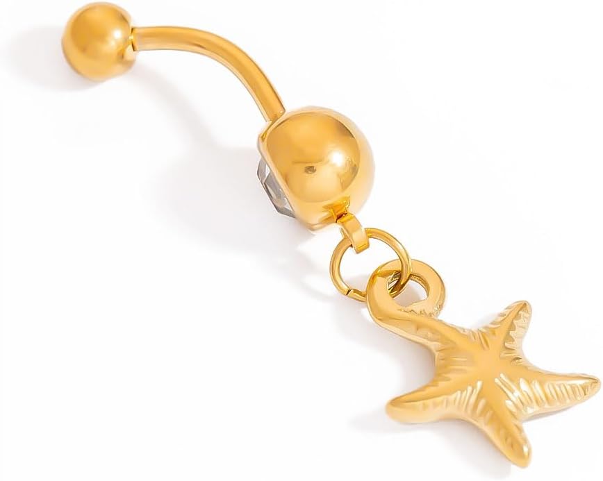14G Starfish Dangle Belly Button Ring for Women Stainless Steel Rhinestone 18k Gold Plated Star Dangling Navel Rings Curved Barbell Studs Bar Simple Sexy Body Piercing Ocean Summer Beach Jewelry
