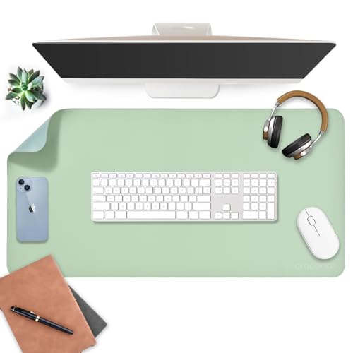 Image of AROPANA Vegan Leather Desk Mat | Large Reversible Mouse Pad & Table Protector | Dual-Side Waterproof Laptop Pad with Edge-Stitched Design (80x40CM, Light Green & Blue)