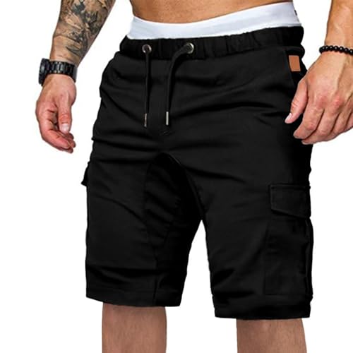 katykalen Pantalones cortos cargo para hombre, verano, pantalones casuales, cintura elástica corta, pantalones cortos negros, pantalones cortos casuales con 6 bolsillos, pantalones cortos cargo