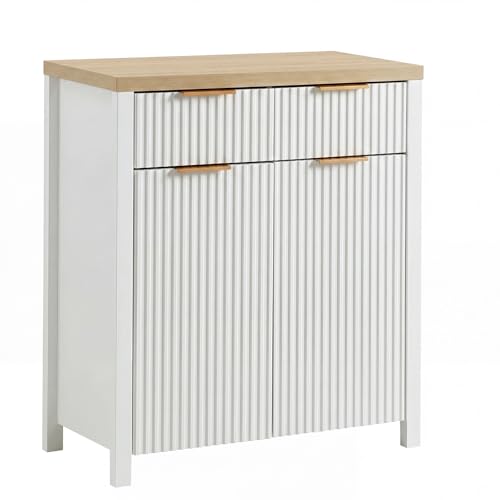 Image of Panana 2-Door 2-Drawer Storage Cabinet, Farmhouse Ribbed Style Sideboard for Kitchen, Living Room, Entryway (White)