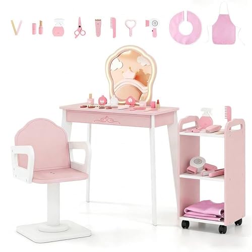 GOPLUS Centro de Peluquería de Juguete, Juego de Tocador Infantil de Madera con Espejo LED, Silla Giratoria, Carrito de 3 Niveles con Ruedas, 10 Accssorios, Tocador de Maquillaje para 3-7 Años