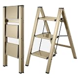 BIBKOKE Scaletta pieghevole a 3 gradini in alluminio, finitura oro champagne, treppiede, antiscivolo, portatile, robusto, per casa e cucina, ufficio, 150 kg