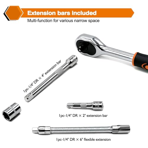 Image of Egofine 46 Pieces 1 /4 inch Drive Socket Ratchet Wrench Set, with Bit Socket Set Metric and Extension Bar for Auto Repairing and Household, with Orange Storage Case