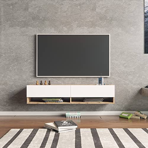 Miniatura 4 de En.Casa Mueble Tv Suspendido Con Espacio De Almacenaje Mesa Tele De Pared Con 2 Puertas Y 2 Estantes Aglomerado 140 X 32 X 30 Cm Roble Rústico Blanco
