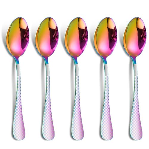 Image of Dinner Spoon Set of 5 ? 8.1 inch Rainbow Finish Tablespoons with Checks Printed Handle, Durable Stainless Steel & Dishwasher Safe Silverware for Home, Restaurant, and Gifting