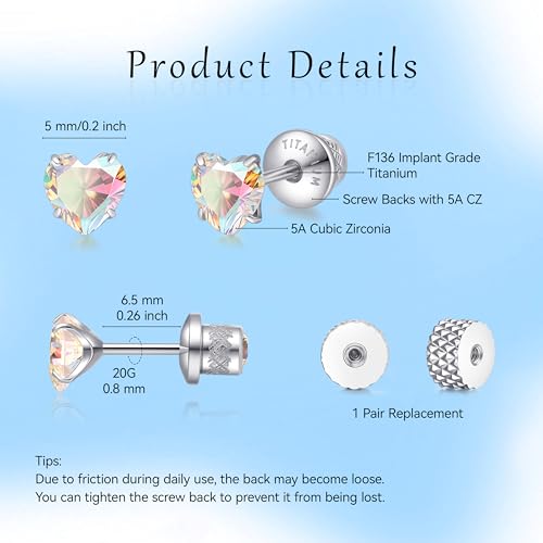 Limerencia Heart Birthstone Screw Backs Earrings G23 Implant Grade Titanium Stud Earrings 20G Hypoallergenic Cubic Zirconia Tragus Piercing Post for Sensitive Ears3