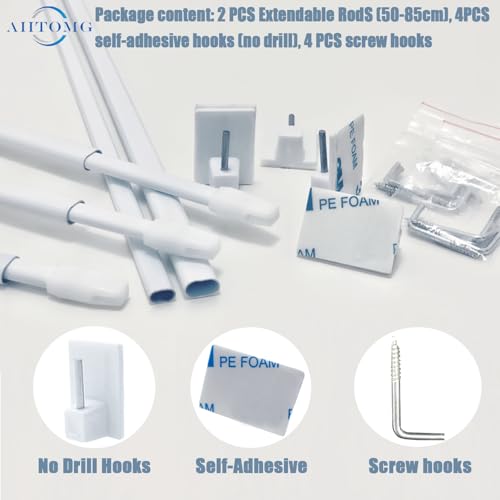 2PCS Extendable Net Curtain Rod, Easy Adjustable Rod, Net Curtain Rod Extendable for Windows, Bedroom with 4PCS double-sided Self-adhesive Holders & Hooks(50-85CM/19.69-33.46Inch,White) - Image 2
