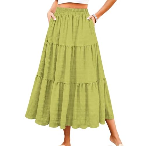 HUSKARY Women's Summer Casual Elegant Smock Layered Tiered Maxi Skirt High Waisted A Line Flowy Long Skirts with Pockets X-Small Beige