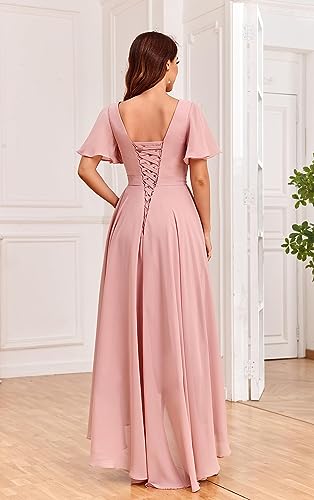 Women's High Low Bridesmaid Dresses for Women Chiffon Pleated V Neck Short Sleeves Formal Gown with Slit3