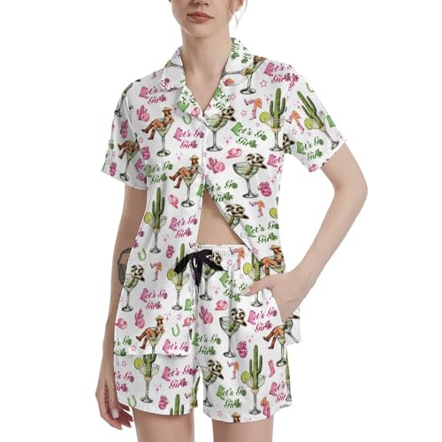 Image of Funny Satin Pajamas Set for Women Button Down Sleepwear Print Pjs Set 2 Piece Short Sleeve Loungewear Gift for Women