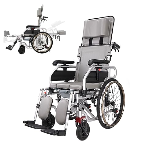 Chaise percée inclinable – Fauteuil roulant à roulettes autopropulsé avec support de jambes et appui-tête, pour toilettes et douche handicapés, 4 roues