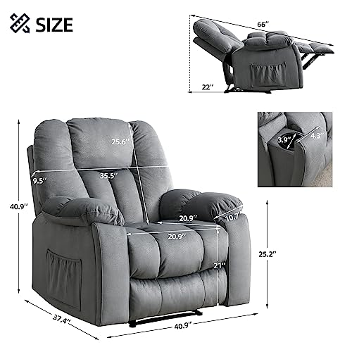 Canmov Manual Recliner Chair With Massage And Heated, Large Fabric Recliner Chair Overstuffed Recliner Single Sofa Chair, Soft Heavy Duty Reclining Sofa Chair With Cup Holders, Side Pocket (Grey) #TOP1