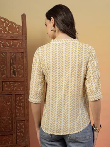 Image of Women's Black Printed Cotton Kurti Top | Stylish Ethnic Wear Kurta for Office, Casual 3 /4 Sleeve Button Front Tunic