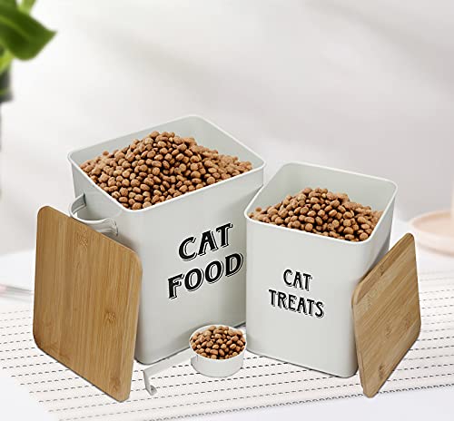 Cat Food And Treats Containers Set With Scoop For Cats Or Dogs -Tight Fitting Wood Lids - Coated Carbon Steel - Storage Canister Tins-Cat-White #TOP2