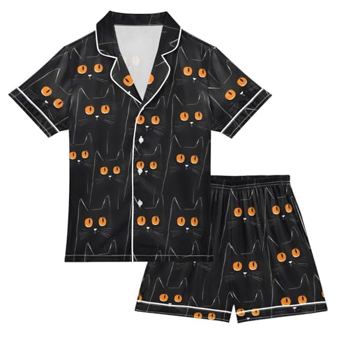 ALAZA Black Cat Kitten Cartoon Satin Pajamas Set Short Sleeve Button Down Sleepwear Summer Pjs 2 Piece