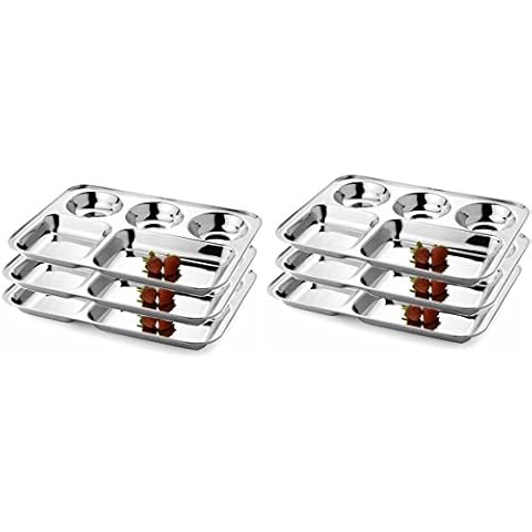 WhopperIndia Stainless Steel Five Compartment Round Plate, Thali, Mess Tray, Dinner Plate Set of 6 pcs- 13 inch, Silver Cover