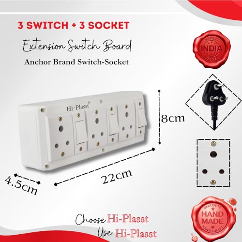 Image of Hi-Plasst 3+3 Pin Extension Board with 3 Switches & 3 Sockets, 6A, 4-Yard Long Cord - Wall-Mountable Power Hub for Home, Office, Diwali Lights, Christmas Decor & Kitchen Appliances