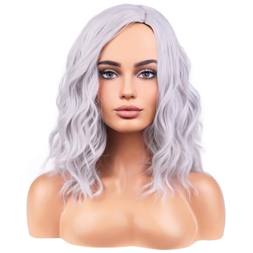 Image of BERON Silver Wigs for Women Girls Short Curly Wavy Wig Grey 14 inch Body Wave Halloween Cosplay Daily Party Wigs