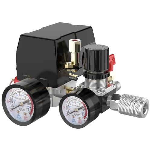 Air Compressor Pressure Switch Control Valve, cnaodun 90-120 PSI Air Compressor Switch Equips Four-port Pressure Regulator Gauge 1/4 NPT Thread