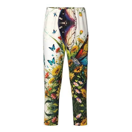 Pajama Pants Pajama Bottoms with Elastic Waistband Sleepwear Lounge Pants, Watercolor Sunflowers Butterfly