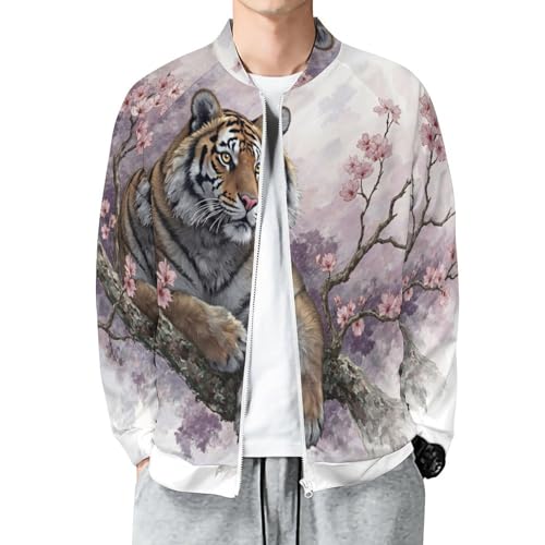 Image of MIATCENRT Mens Varsity College Jacket Baseball Bomber Jackets, Watercolor Animals Sweatshirt Outwear Tiger Cherry Blossoms Print Pink Brown Techwear Jacket with Pockets, Unisex Coat Top