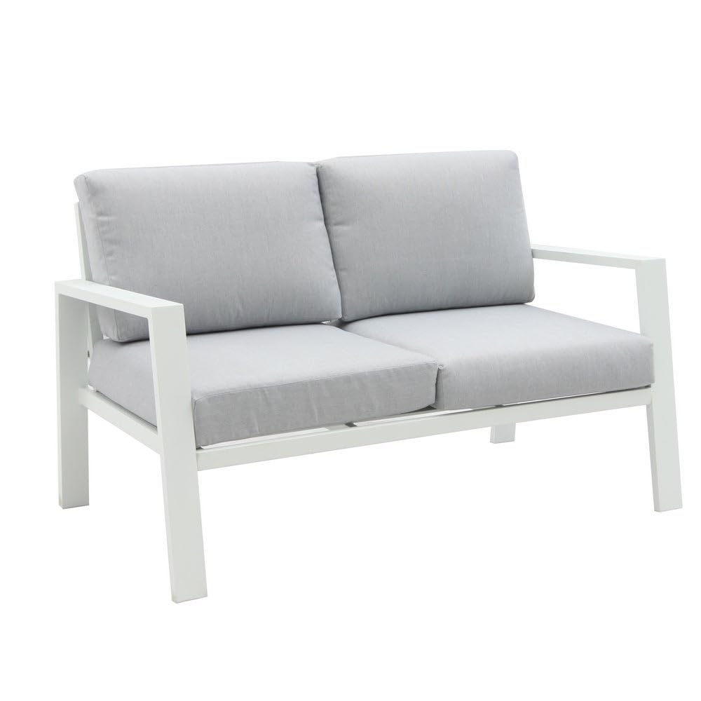 LOLAhome Sofá de Jardín Thais de Aluminio Blanco Tapizado en Tela Hidrófuga Gris de 2 plazas y 132 cm para Exterior, Terraza y Patio