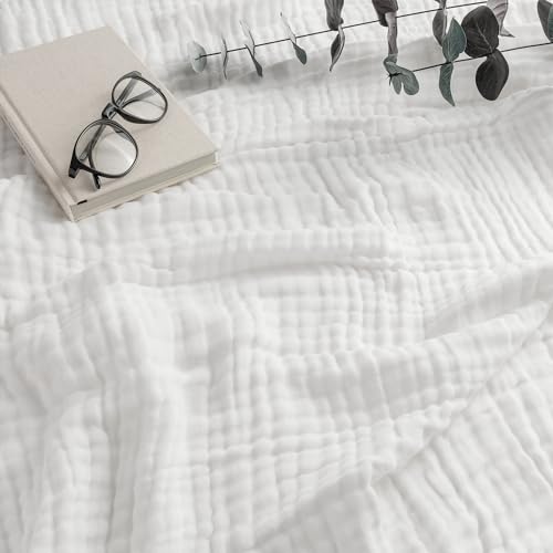 Image of Comfy Cubs Muslin Throw Blanket - 50 inch x 60 inch Quilted Design - Lightweight, Breathable 6-Layer Gauze Fabric - Soft Cotton Blanket for Home or Travel - Packaged in Elegant Gift Box - White