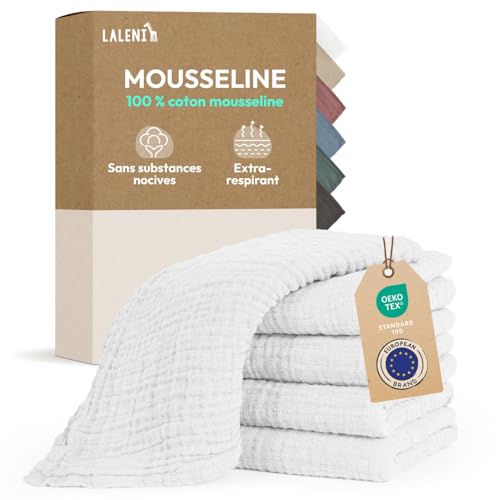 Laleni Lot de 5 bavoirs pour bébé en pur coton – Lingettes douces sans substances nocives 70 x 70 cm – Serviettes en mousseline absorbantes pour bébé...