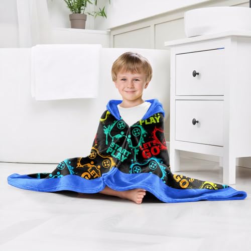 Image of Video Gamer Boys Beach Towel with Hoodie for Kids Toddlers Age 4-8,Game Controller Black Bath Towels Shower Wrap for Boys, Hooded Poncho Beach Blanket for Pool Swimming Wearable Bath Towel for Child