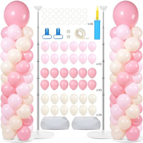 Image of 2 Sets Adjustable Balloon Column Stand Kit with Bases（Blush Pink） | Reusable Stainless Steel Poles, 102 Balloons with Pump, Floor Decor, Baby Shower Birthday Wedding Bridal shower Engagement