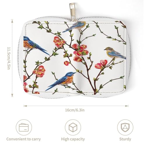 Women Leather Coin wallet, Key Change Organizer Zipper Card Holder Purse Clutch Pouch Pocket 4.5x3.15 in Print Spring Tree Branches Red flowers Green Leaves Birds3