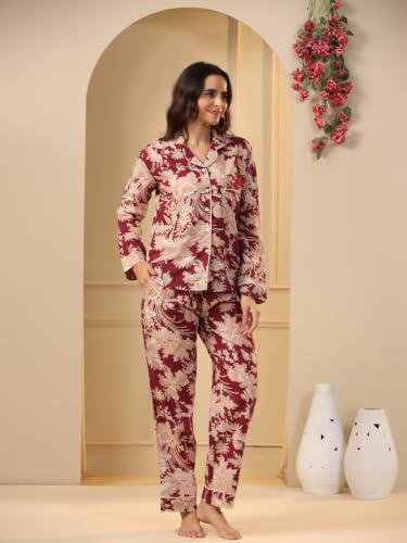 Image of SANSKRUTIHOMES Women's Premium 100% Cotton Printed Night Suit Set | Elegant Full Sleeve Collar Top & Pyjama | Soft & Breathable Premium Loungewear for Women