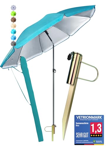 Menz Sonnenschirm Strand als Sonnenschutz Strand 3-IN-1 SET - UPF 50+ Strandschirm 180 cm + stabile Sonnenschirm Bodenhülse + robuste Sonnenschirmhülle