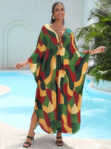 Image of IMAGEKOPE Women's Plus Size Animal Print V-Neck Batwing Kaftan Beach Dress Bathing Suit Cover-Up Loungewear