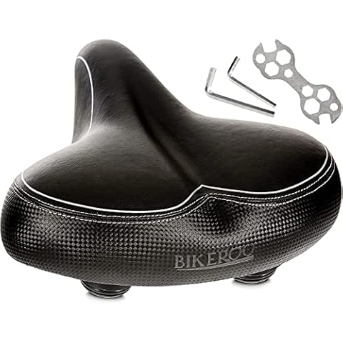 Bikeroo Bike Seat - Oversized, Comfortable Bicycle Saddle with Shock-Absorbing Spring Suspension for Men and Women - Soft, Padded Seats w/ Mounting Tools - Indoor Cover