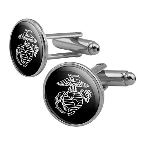 GRAPHICS & MORE Marines USMC White on Black Eagle Globe Anchor Logo Officially Licensed Round Cufflink Set Silver Color