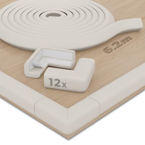 Hoffenbach Protector de Bordes y Esquinas para Bebés – 6,2m de Espuma de Seguridad para Mesa y Muebles – 12 Protectores Adhesivos – Protección Infantil para el Hogar – Blanco Lana