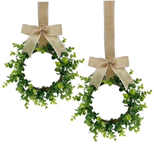 Hbbgdiy 2PCS 12 Inch Boxwood Wreath Greenery Mini Wreath with Bow Burlap Ribbon for Front Door Wall Porch Window Spring Summer Decor Indoor Outdoor