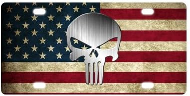 Custom Retro Cool Punisher Skull on American Flag Pattern Metal License Plate With 4 Holes,12 X 6 Inchs