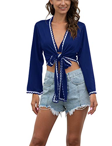 Women's Sexy Deep V Neck Knot Front Crop Top 3/4 Sleeve Basic Casual T Shirt Navy Blue