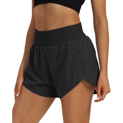 SAFWAK Women's High Waist Athletic Shorts Quick Dry Sporty Workout Running Shorts for Women with Zipper Pocket Black, S