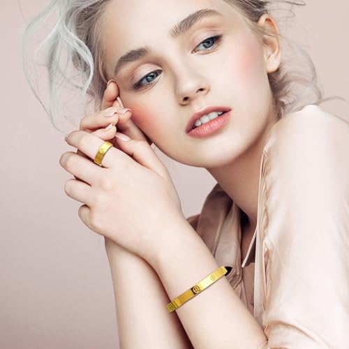 18K Gold Plated Friendship Love Bracelet with Ring Jewelry Set for Women Stainless Steel Cuff Oval Bangle Simple Hinged Cubic Zirconia Stones Bangle Cuff Best Gifts for Mother's Day Valentine's Day Wedding Couples and Birthdays2